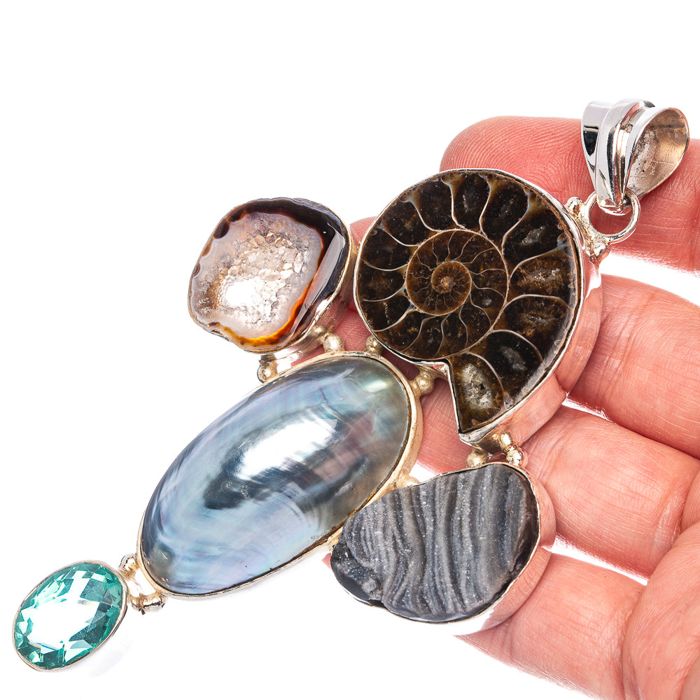 Gigantic Ammonite Fossil, Ocean Sea Shell, Blue Topaz, Desert Druzy, Geode Slice Pendant 4 3/8" (925 Sterling Silver) P40118