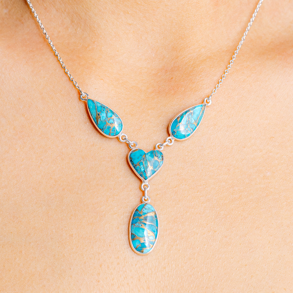 Blue Copper Turquoise Heart Necklace 17 to 19" (.925 Sterling Silver)