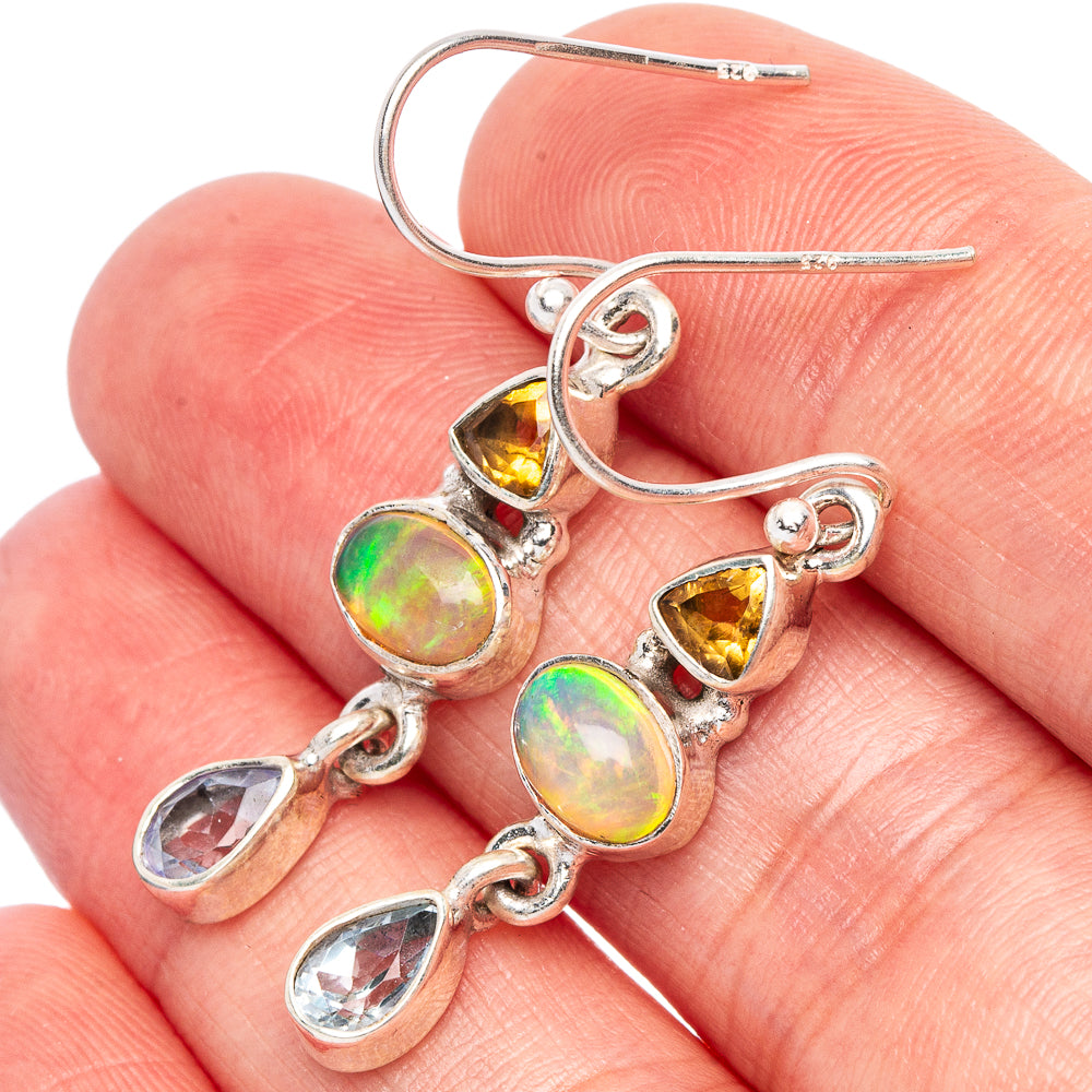 Rare Ethiopian Opal, Citrine, Blue Topaz Earrings 1 5/8" (925 Sterling Silver) E1837