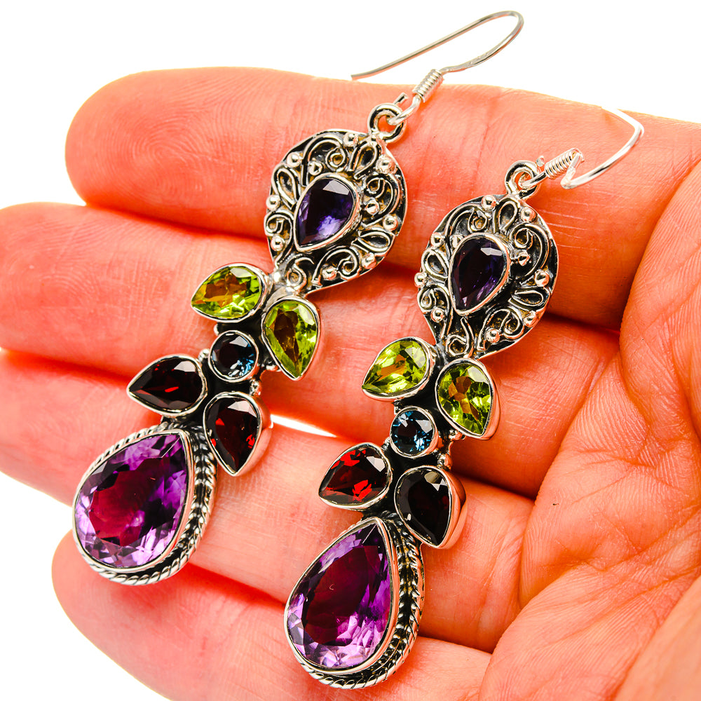 Signature Faceted Amethyst, Tanzanite, Peridot, Garnet, Blue Topaz Earrings 2 5/8" (925 Sterling Silver) EARR431983