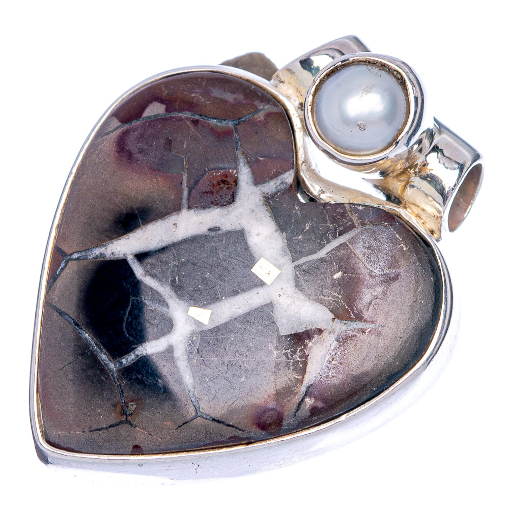 Septarian Geode Heart, Cultured Pearl Pendant 1 1/8" (925 Sterling Silver) P40130
