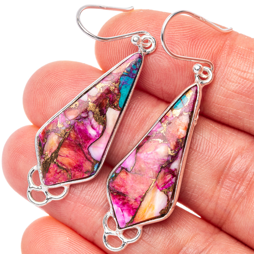 Kingman Pink Dahlia Turquoise 925 Sterling Silver Earrings 2" (925 Sterling Silver) E1439