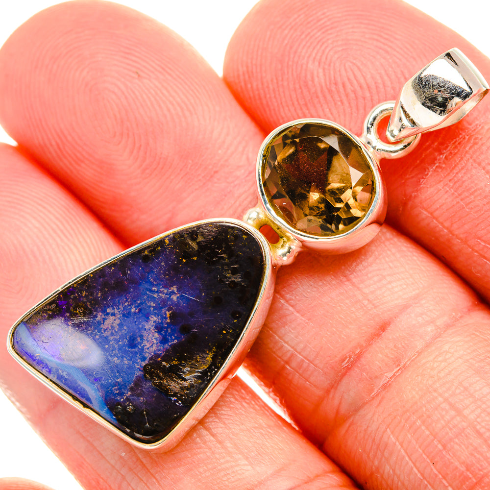 Boulder Opal, Smoky Quartz 925 Sterling Silver Pendant 1 3/4" (925 Sterling Silver) PD38419