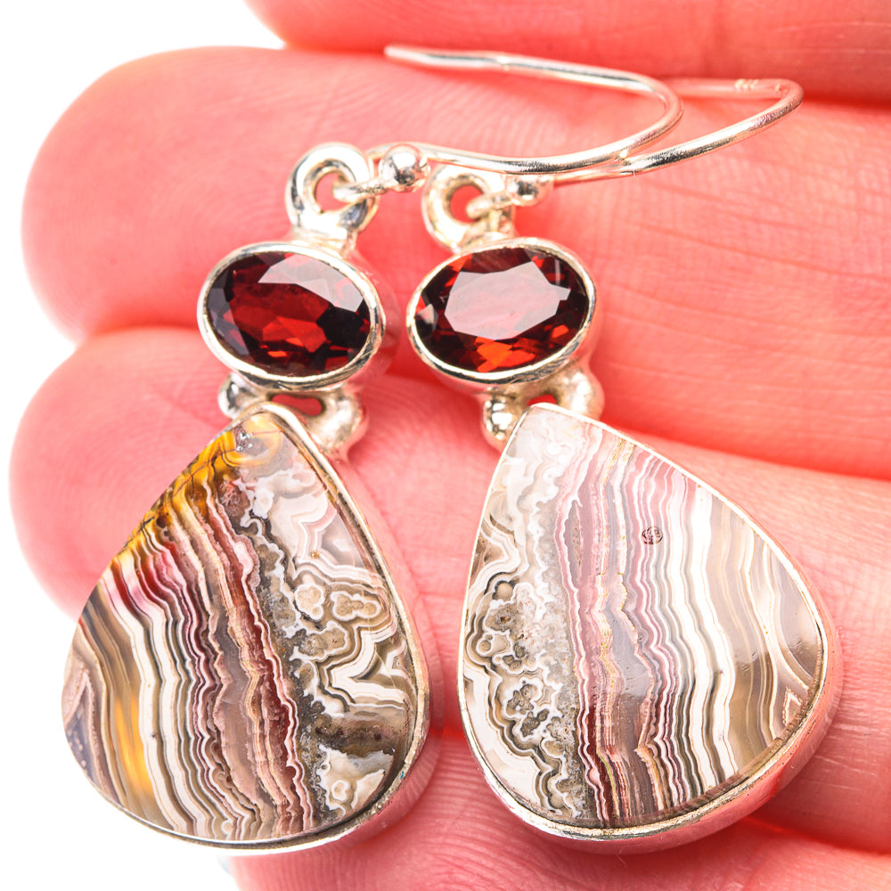 Crazy Lace Agate, Garnet Earrings 1 5/8" (925 Sterling Silver) EARR432143