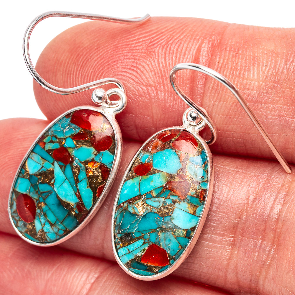 Coral Turquoise Matrix Earrings 1 3/8" (.925 Sterling Silver)