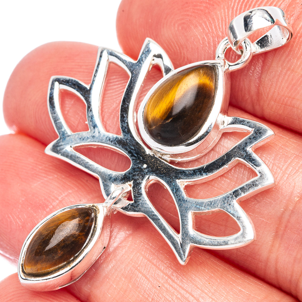 Tiger Eye Lotus Dainty Pendant 1 5/8" (925 Sterling Silver) P43569