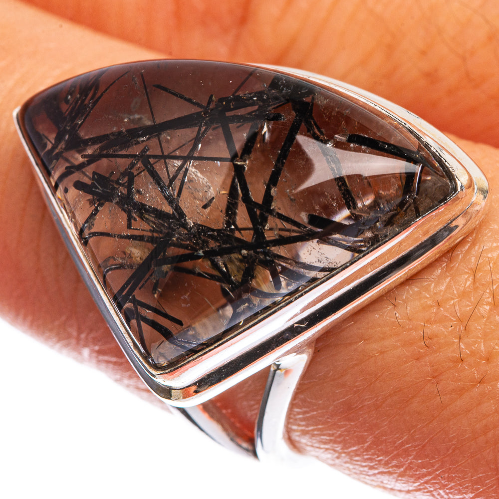 Large Tourmalinated Quartz 925 Sterling Silver Ring Size 8.75