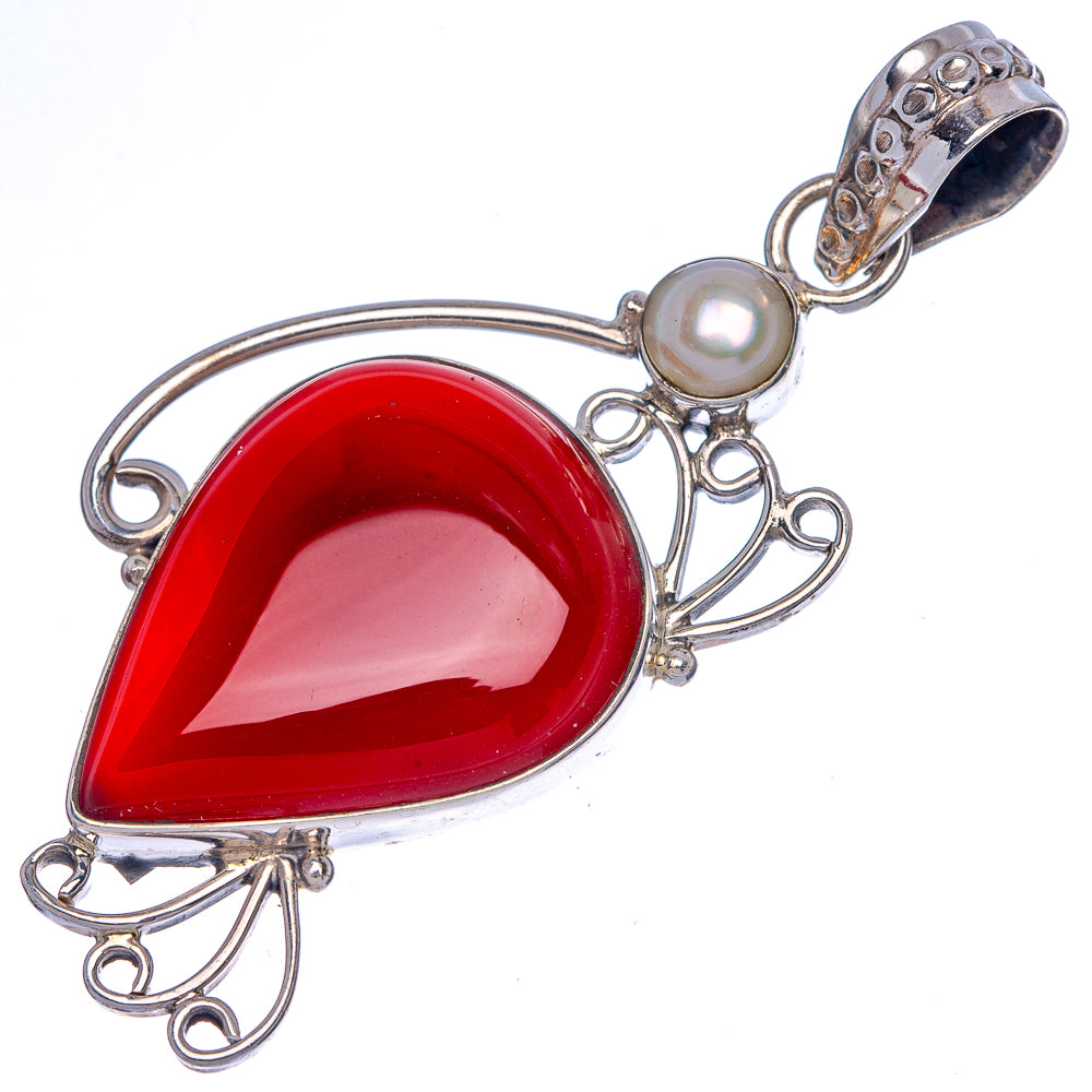 Red Onyx, Cultured Pearl Pendant 2 1/4" (925 Sterling Silver) P40033