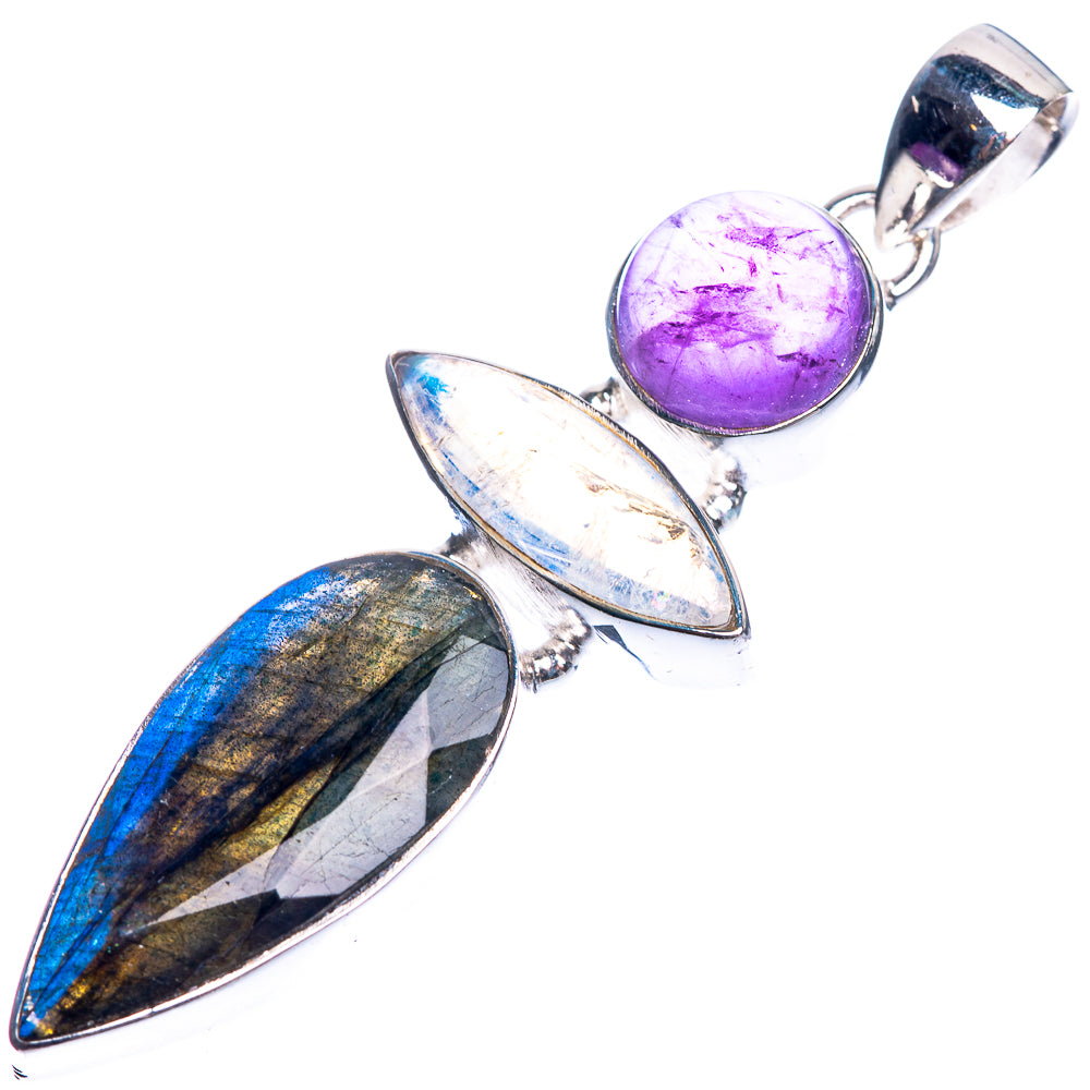 Labradorite, Rainbow Moonstone, Amethyst 925 Sterling Silver Pendant 2 1//4"