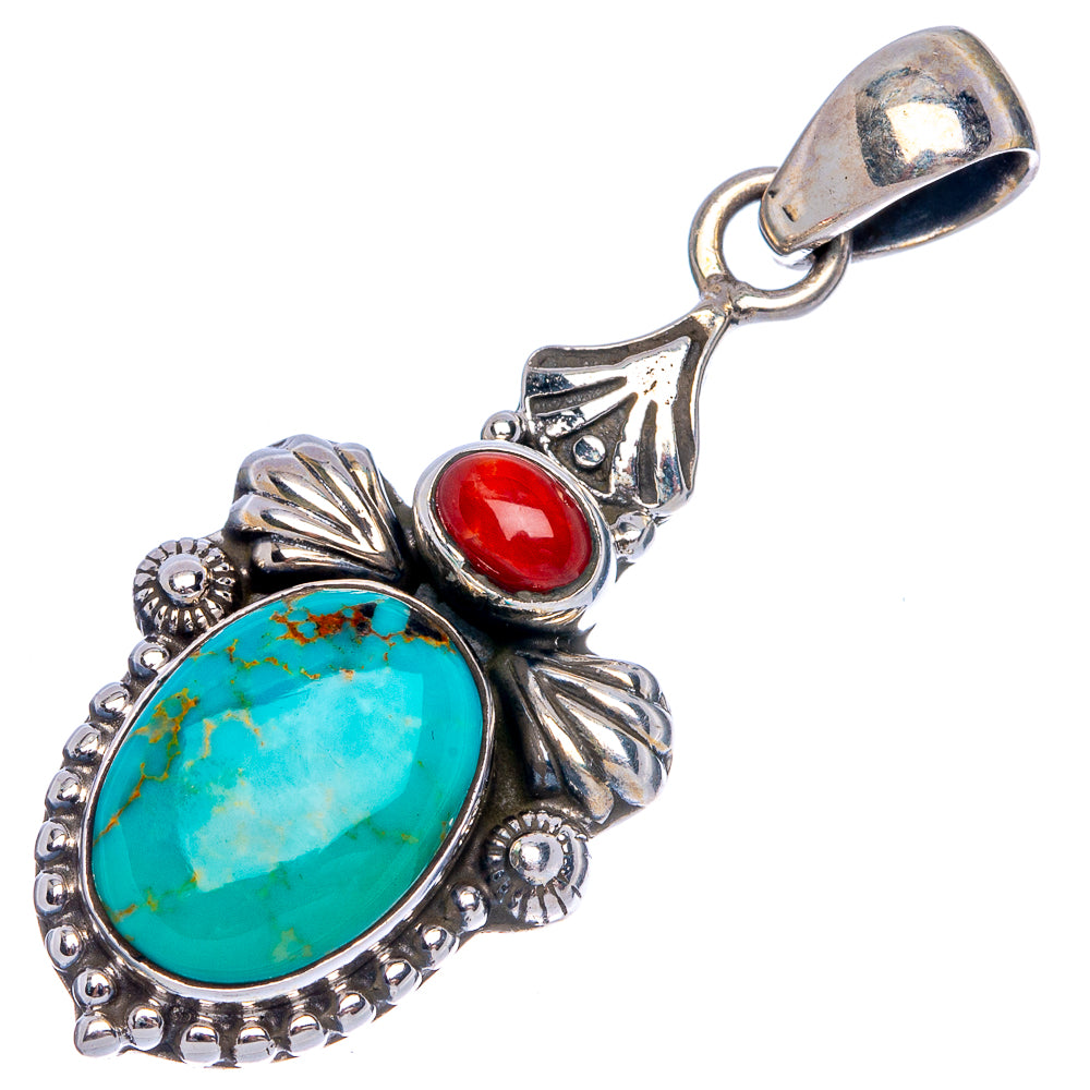Tibetan Turquoise, Red Coral Pendant 1 5/8" (925 Sterling Silver) P40207