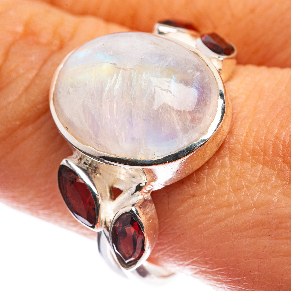 Rainbow Moonstone, Garnet 925 Sterling Silver Ring Size 9.25