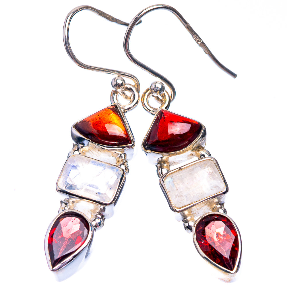 Rainbow Moonstone, Garnet Earrings 1 5/8" (925 Sterling Silver) E432394
