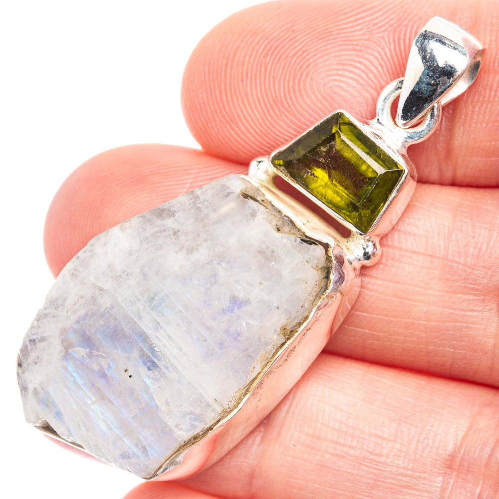 Raw Rainbow Moonstone, Peridot Pendant 1 7/8" (925 Sterling Silver) P39296