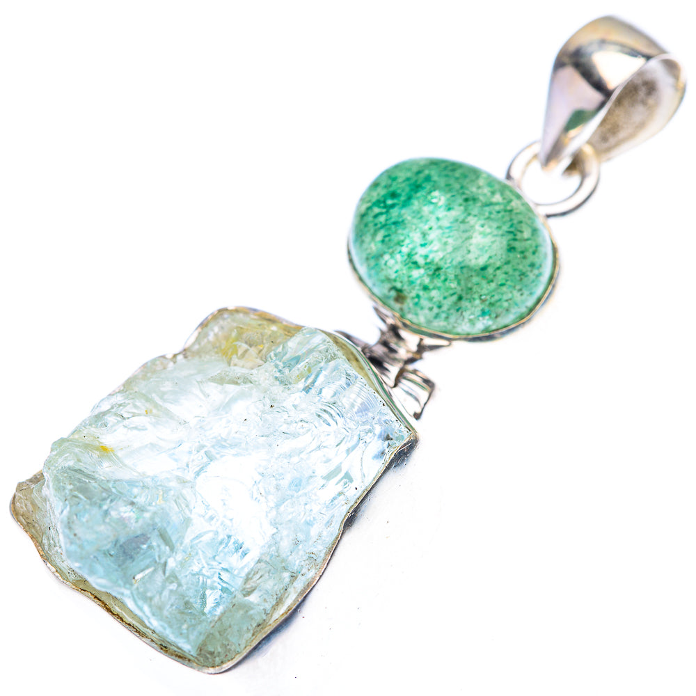 Raw Aquamarine, Green Aventurine Pendant 1 3/4" (925 Sterling Silver) PD38478