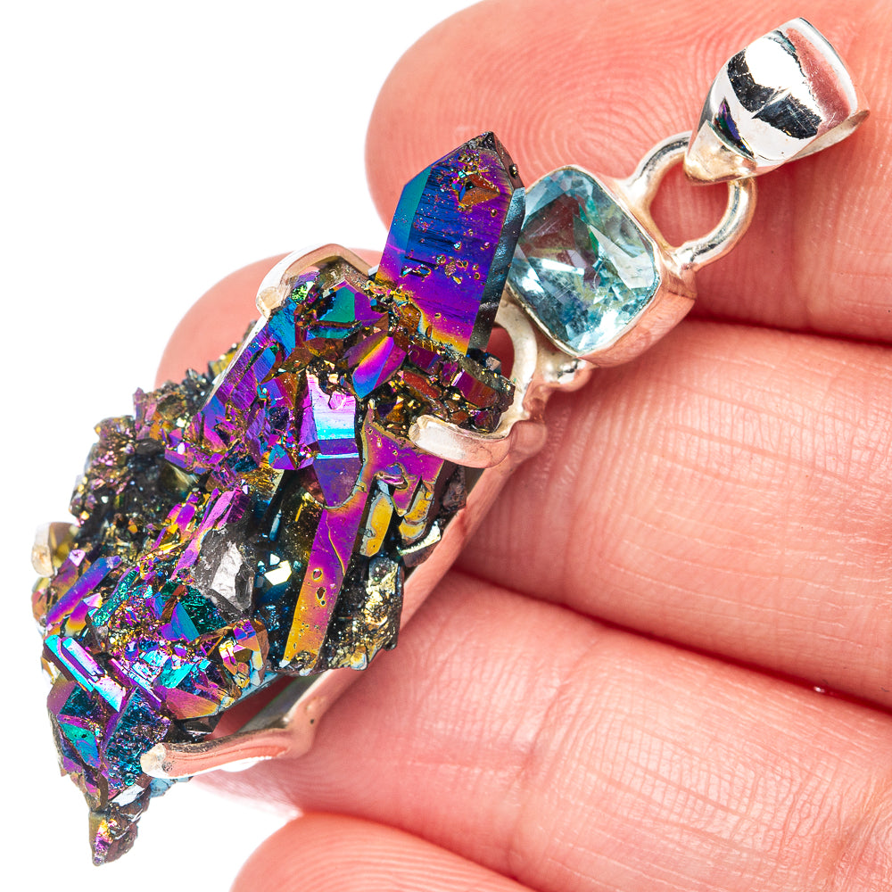 Titanium Sunshine Druzy, Blue Topaz Pendant 1 7/8" (925 Sterling Silver) P44359