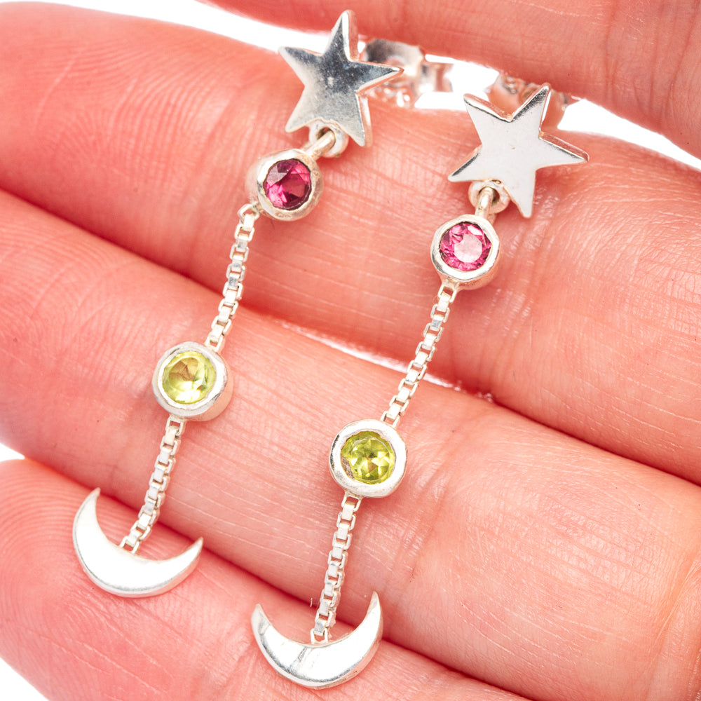 Garnet, Peridot Moon Star Earrings 1 1/2" (925 Sterling Silver) E433448