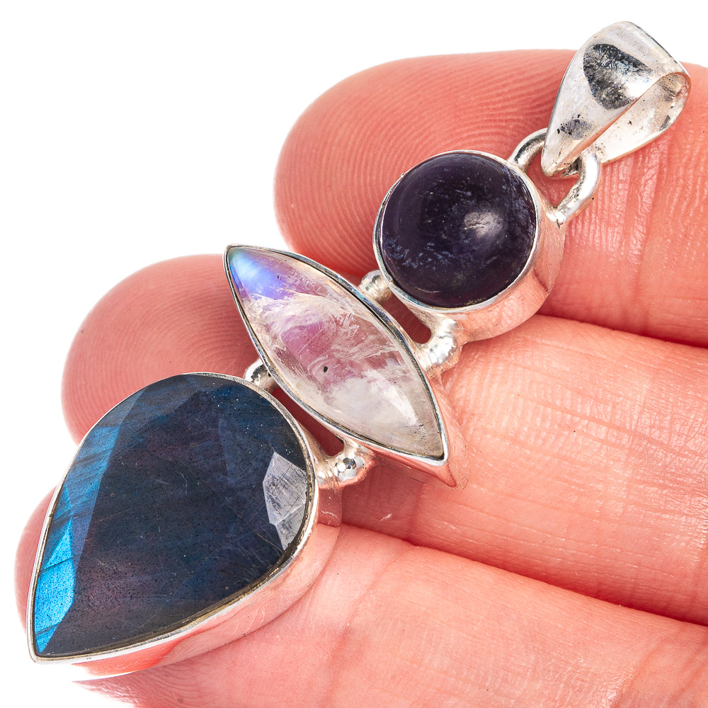 Labradorite, Rainbow Moonstone, Amethyst Pendant 1 7/8" (925 Sterling Silver) P39838