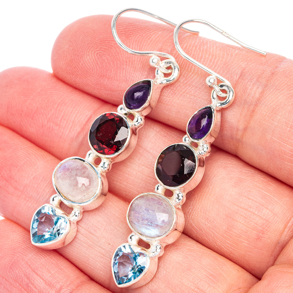 Rainbow Moonstone, Garnet, Amethyst, Blue Topaz Earrings 2" (925 Sterling Silver) E433121