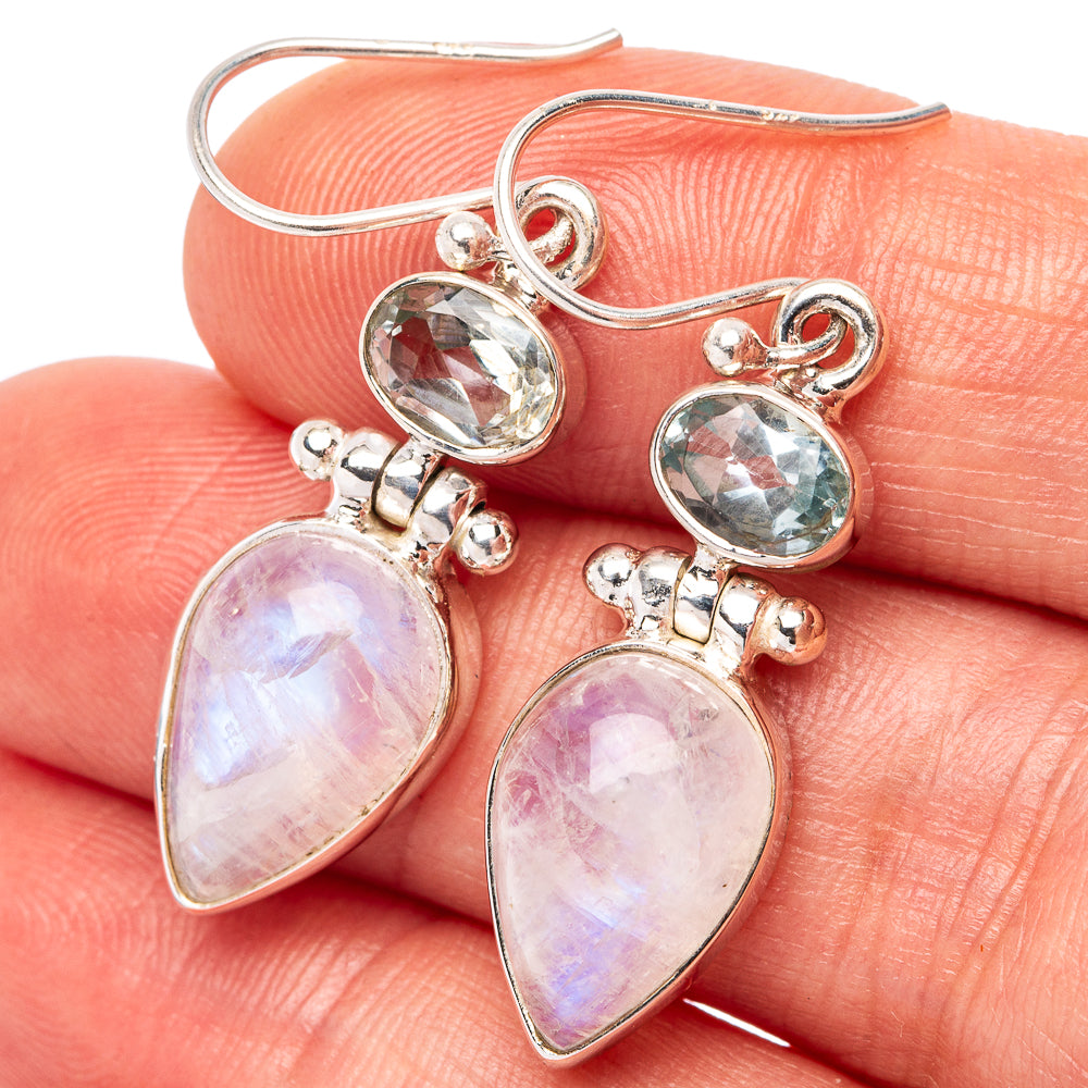 Rainbow Moonstone Heart, Blue Topaz Earrings 1 5/8" (.925 Sterling Silver)