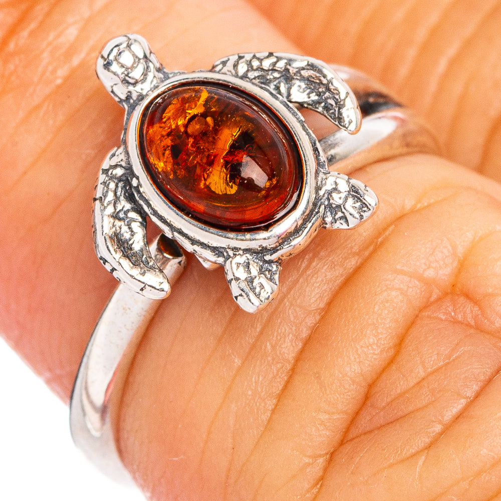 Baltic Amber Sea Turtle Ring Size 4 Adjustable (.925 Sterling Silver)