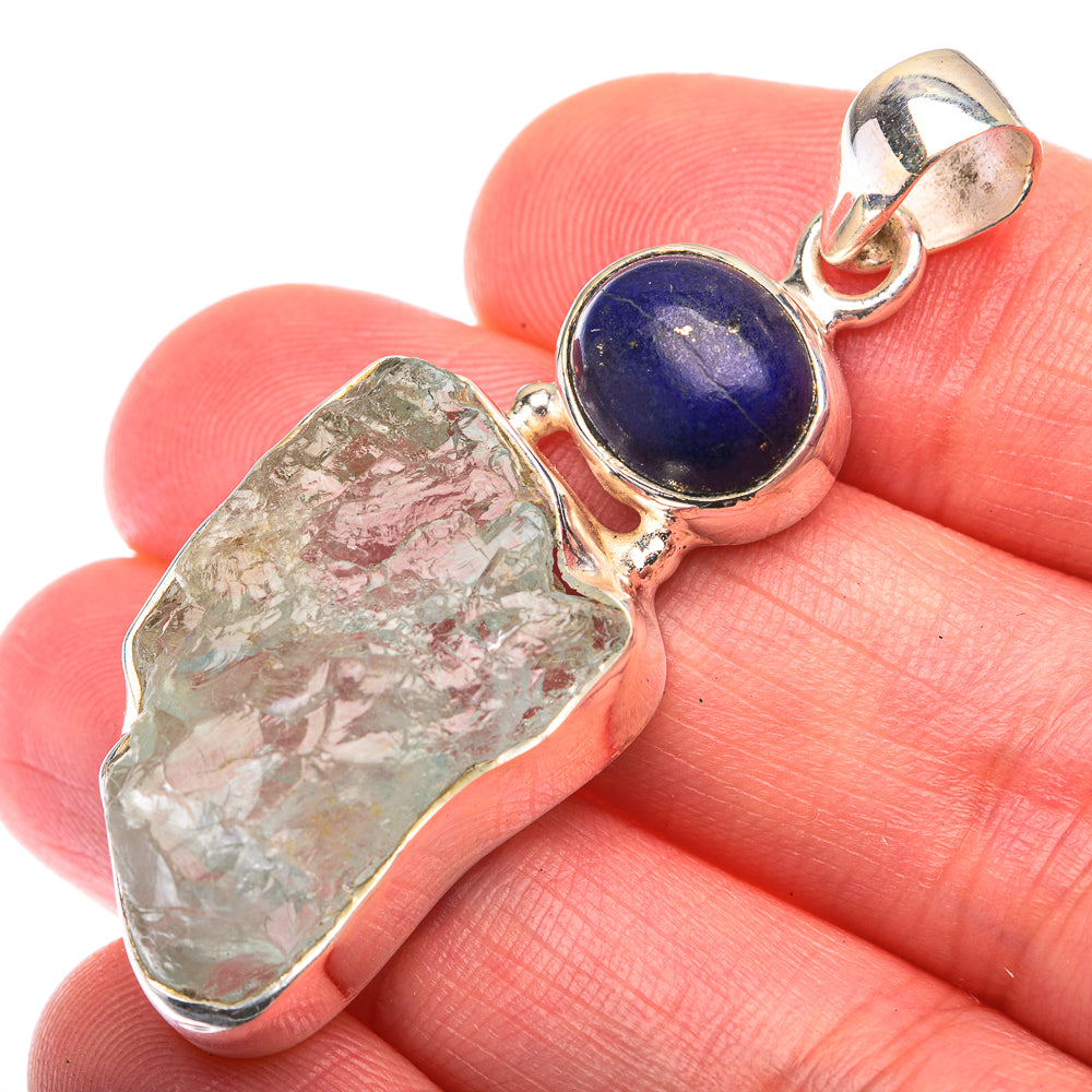 Raw Aquamarine, Lapis Lazuli Pendant 1 7/8" (925 Sterling Silver) PD38465