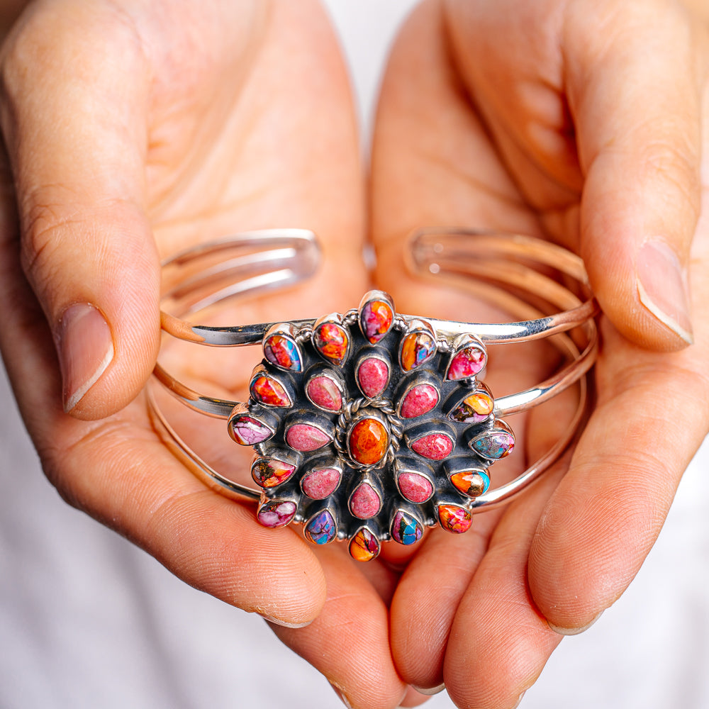 Sponge Coral, Rhodonite, Pink Dahlia Turquoise Cuff Bracelet Adjustable (.925 Sterling Silver)