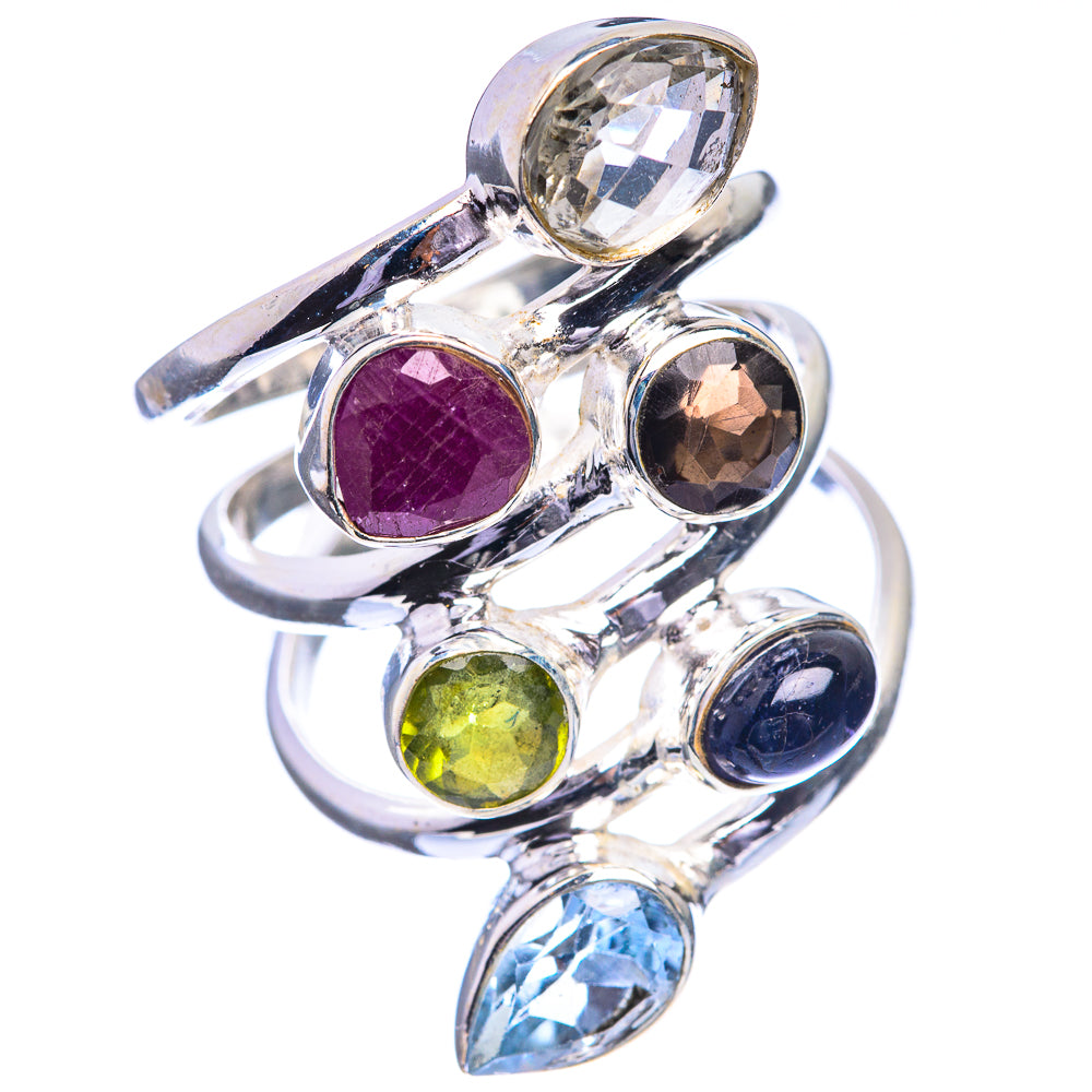 Large White Quartz, Ruby, Smoky Quartz, Peridot, Black Onyx, Blue Topaz Ring Size 7.75 (925 Sterling Silver) R143218