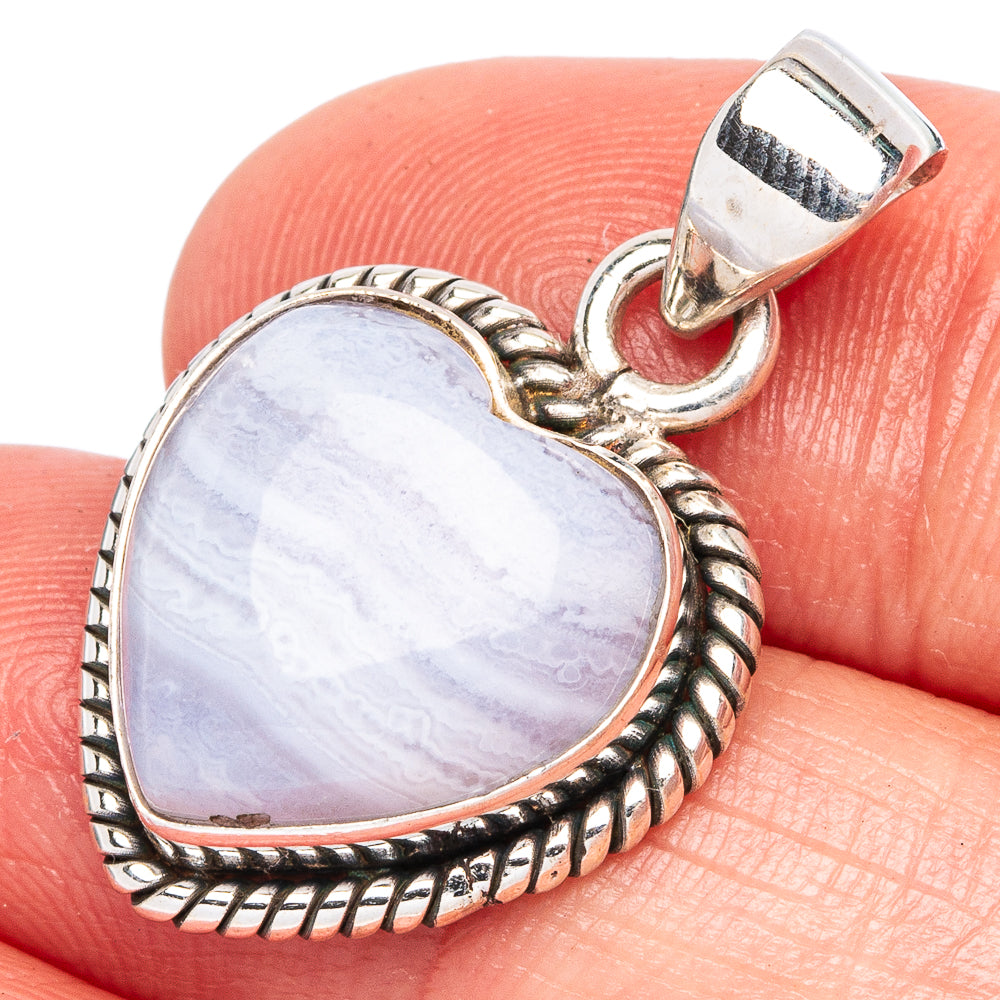 Blue Lace Agate Heart Pendant 1 1/8" (925 Sterling Silver) P43458