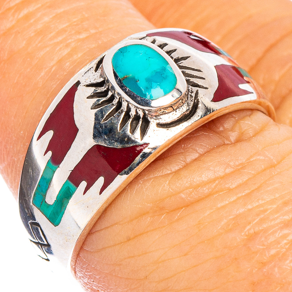 Arizona Turquoise Native Style, Red Coral Ring Size 7.5 (.925 Sterling Silver)