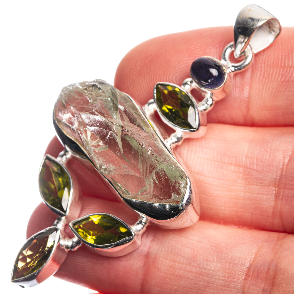 Rough Green Amethyst, Peridot, Tanzanite 925 Sterling Silver Pendant 2 1/4"