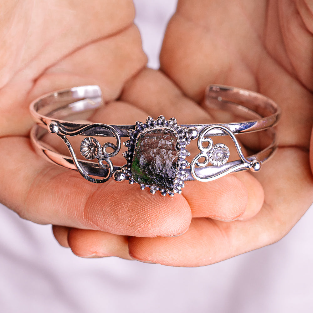 Moldavite Cuff Bracelet Adjustable (.925 Sterling Silver)