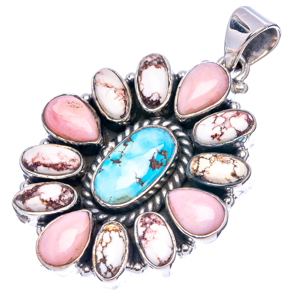 Rare Golden Hills Turquoise, Pink Opal, Wild Horse Jasper Native Style Pendant 1 7/8" (.925 Sterling Silver)