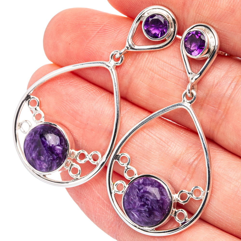 Premium Charoite, Amethyst Earrings 1 3/4" (.925 Sterling Silver)