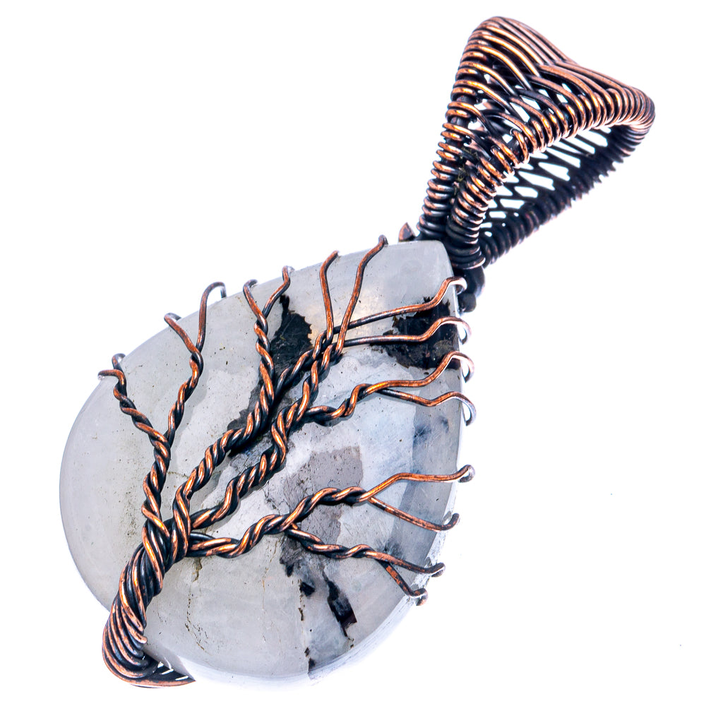 Rainbow Moonstone with Black Tourmaline Tree of Life Pendant 1 7/8" (Oxidized Copper)