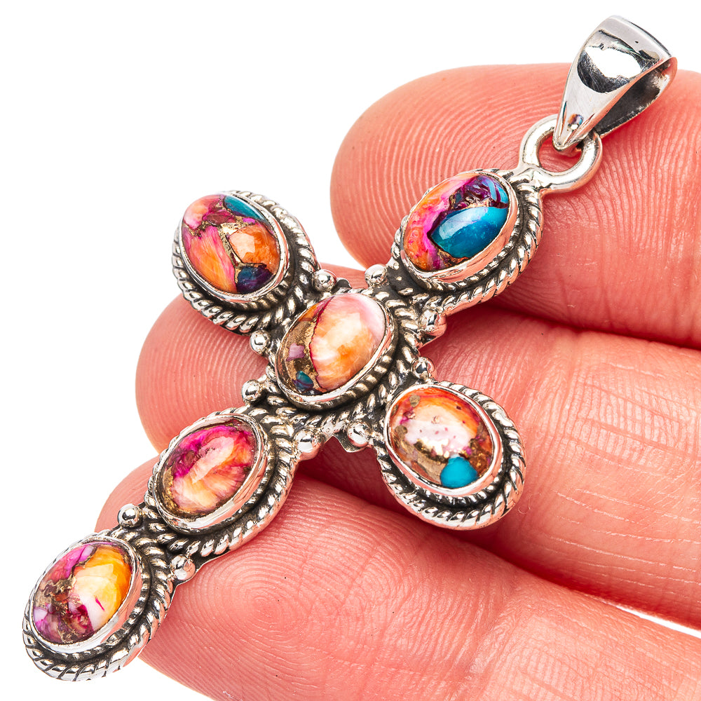 Kingman Pink Dahlia Turquoise Cross Pendant 2" (925 Sterling Silver) P43142