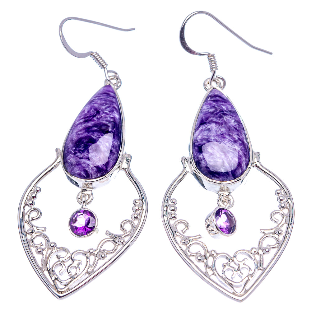 Signature Charoite, Amethyst Earrings 2 1/2" (.925 Sterling Silver)