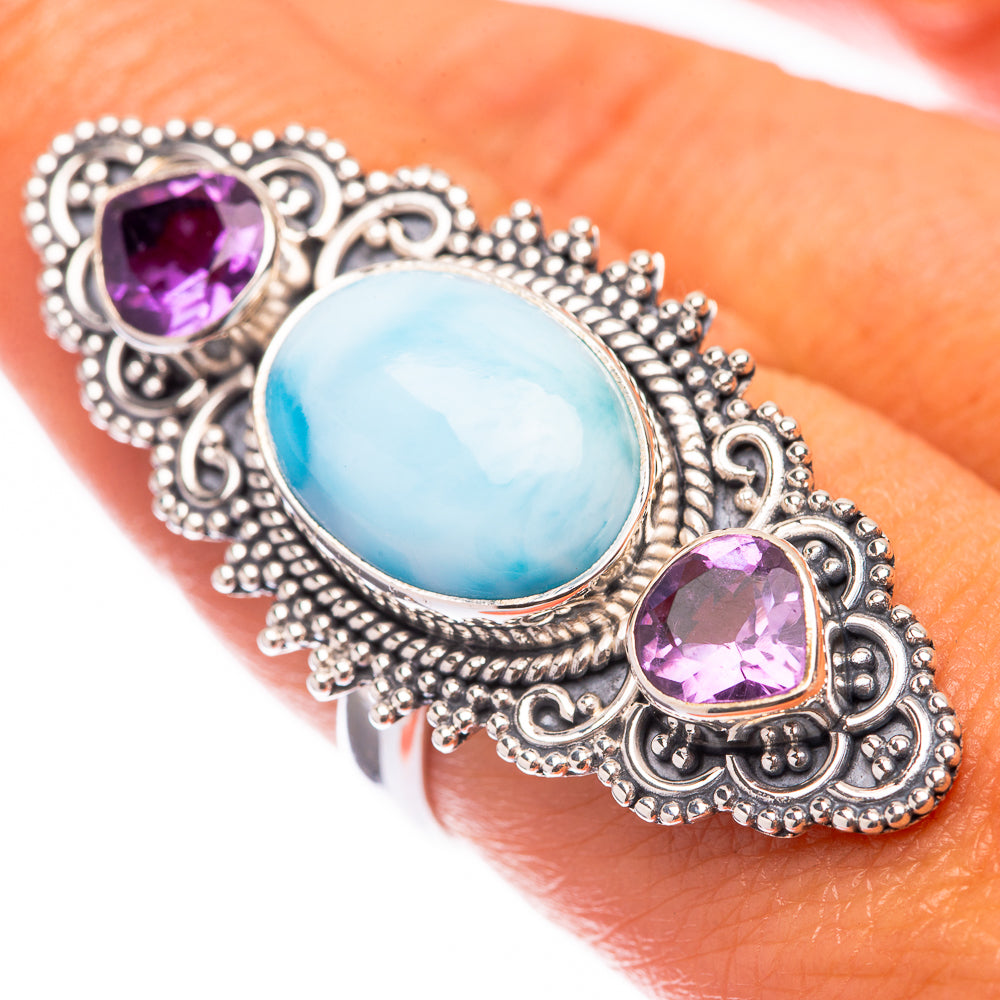 Large Larimar, Amethyst 925 Sterling Silver Ring Size 8 (925 Sterling Silver) RING140392