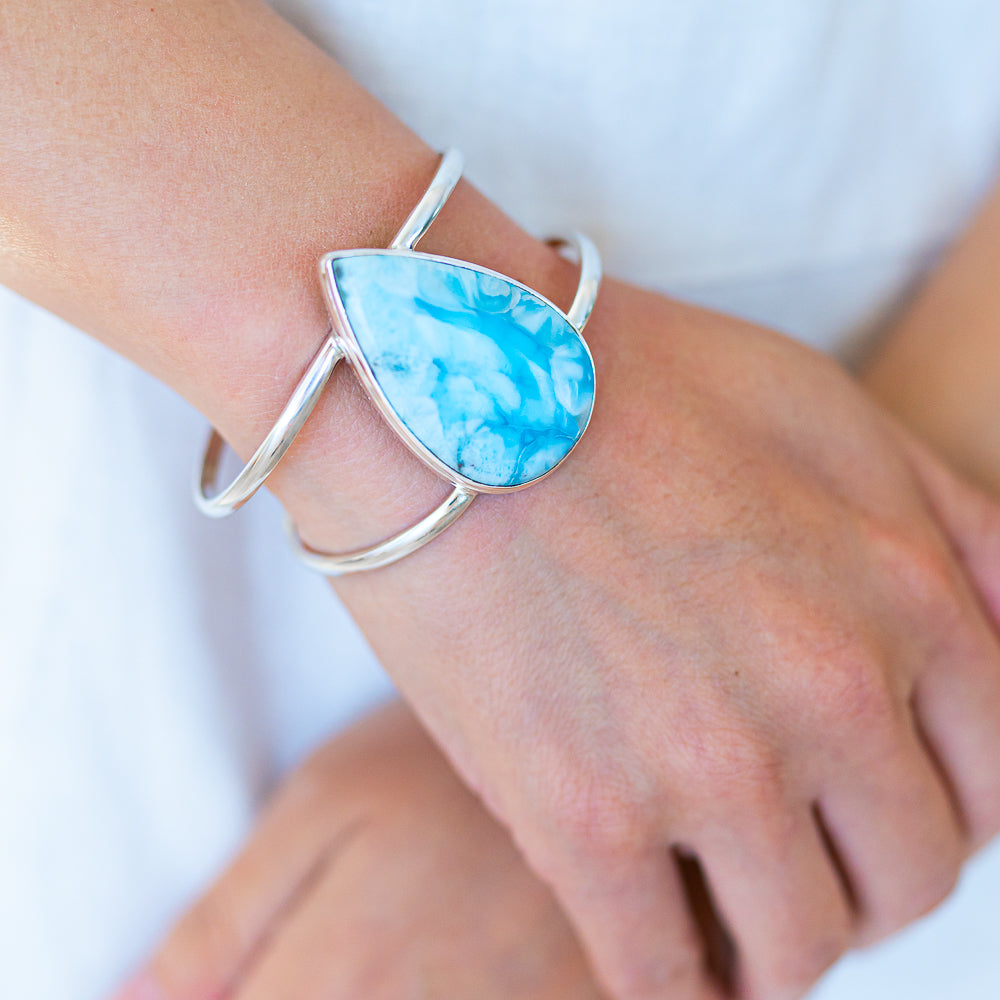 Larimar 925 Sterling Silver Cuff Bracelet Adjustable