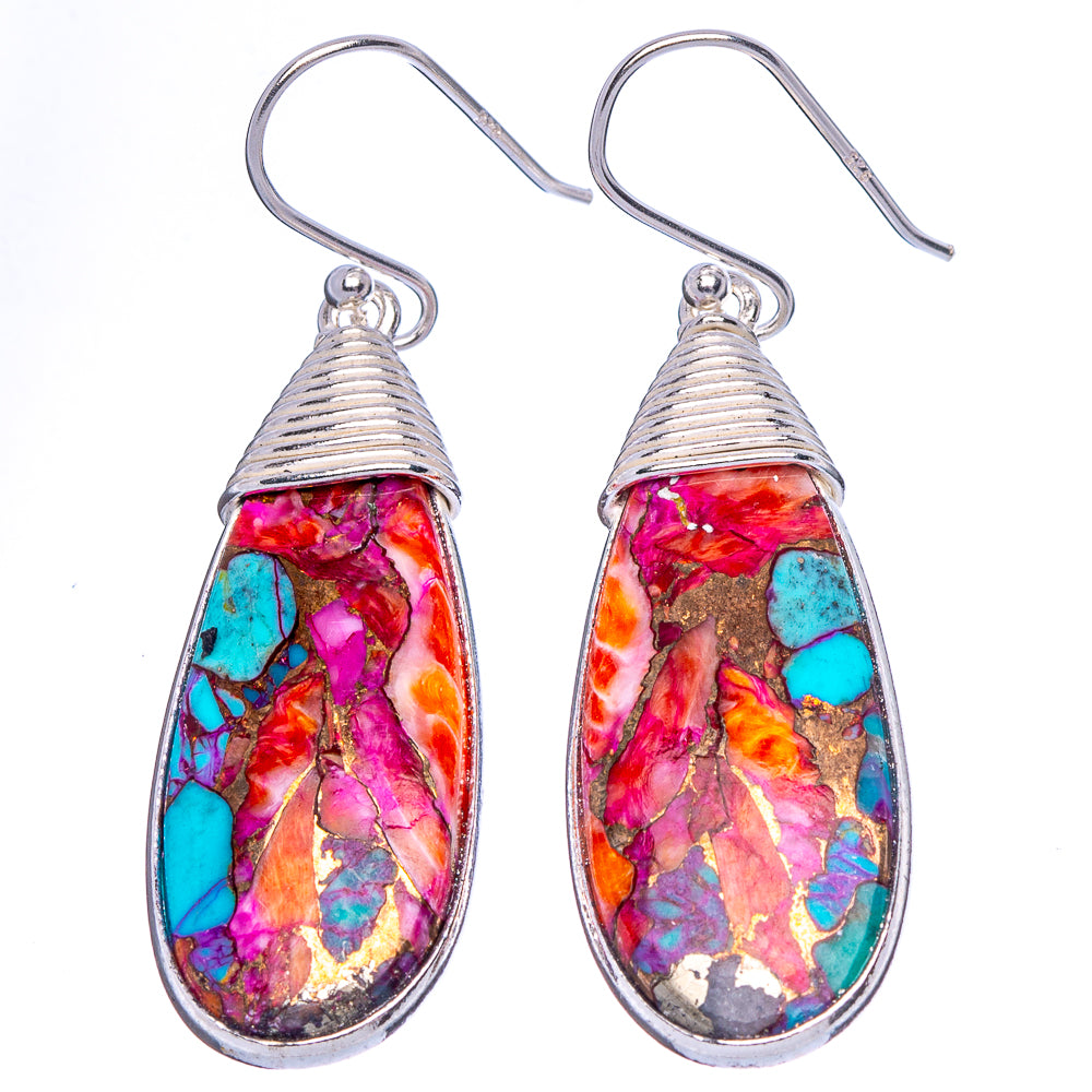 Kingman Pink Dahlia Turquoise Earrings 1 7/8" (925 Sterling Silver) E1902