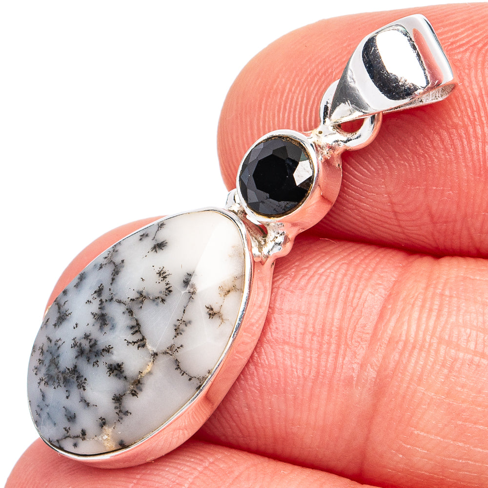 Dainty Dendritic Opal, Black Onyx Pendant 1 3/8" (925 Sterling Silver) P45259