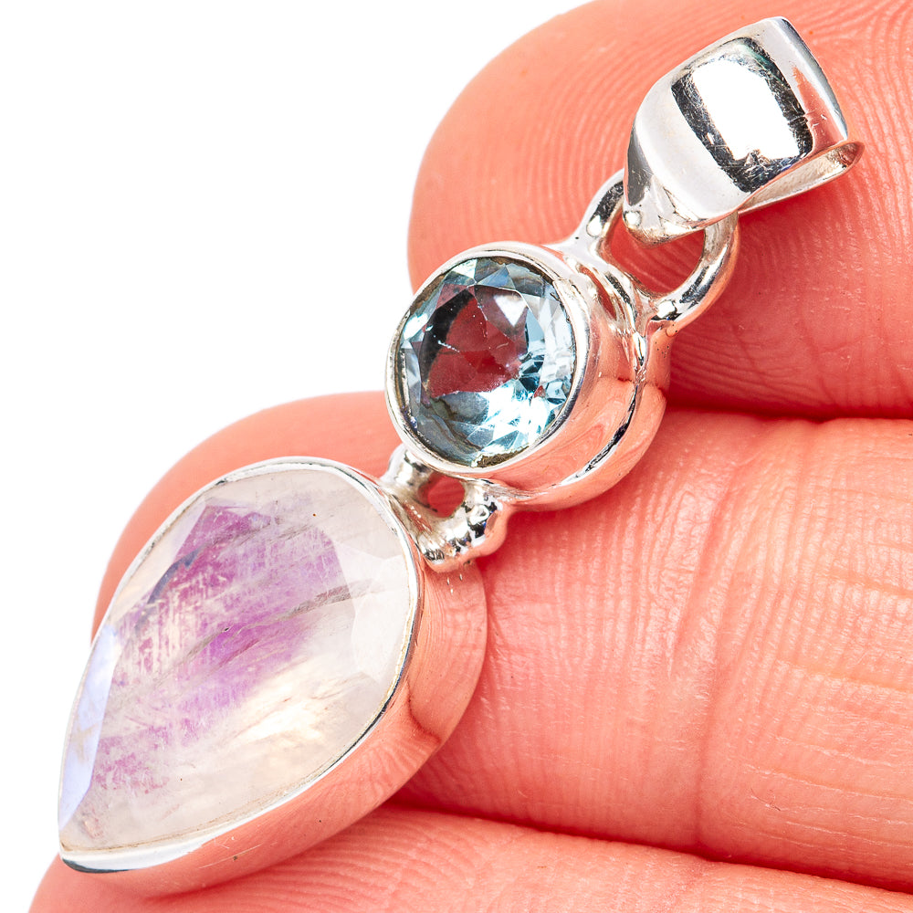 Faceted Rainbow Moonstone , Blue Topaz Pendant 1 3/8" (.925 Sterling Silver)
