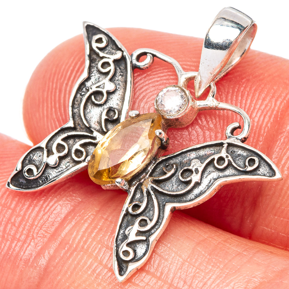 Faceted Citrine, White Quartz Butterfly Dainty Pendant 1" (925 Sterling Silver) P43539