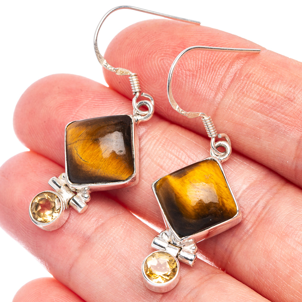 Tiger Eye, Citrine Earrings 1 5/8" (925 Sterling Silver) E433350