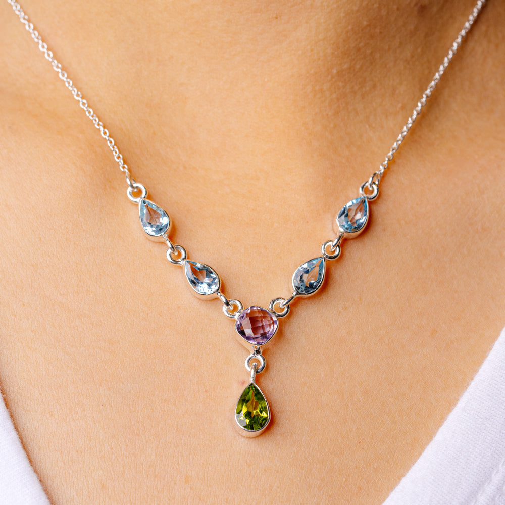 Peridot, Amethyst, Blue Topaz Necklace 16 3/4 To 18 3/8" (925 Sterling Silver) N90134
