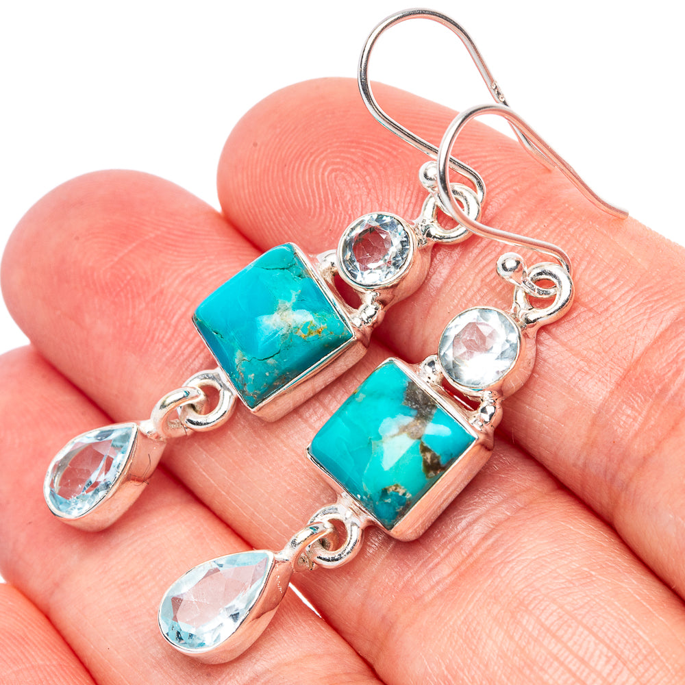 Turquoise, Blue Topaz Earrings 1 3/4" (925 Sterling Silver) E1638