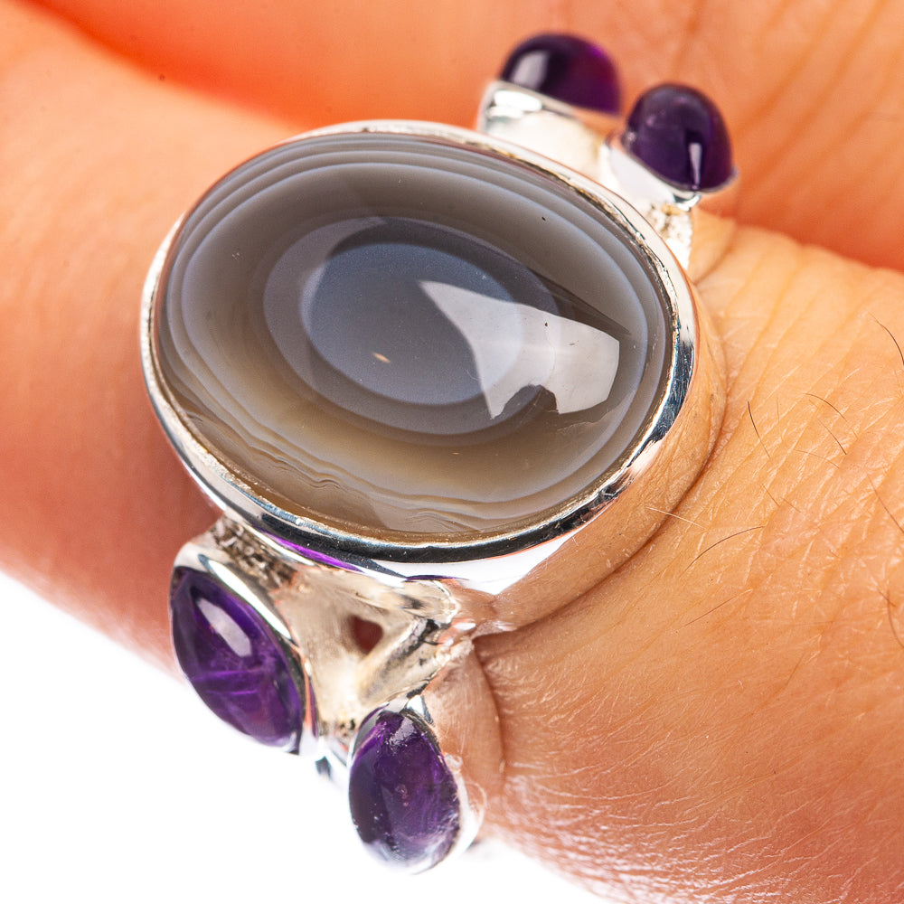 Botswana Agate, Amethyst 925 Sterling Silver Ring Size 7