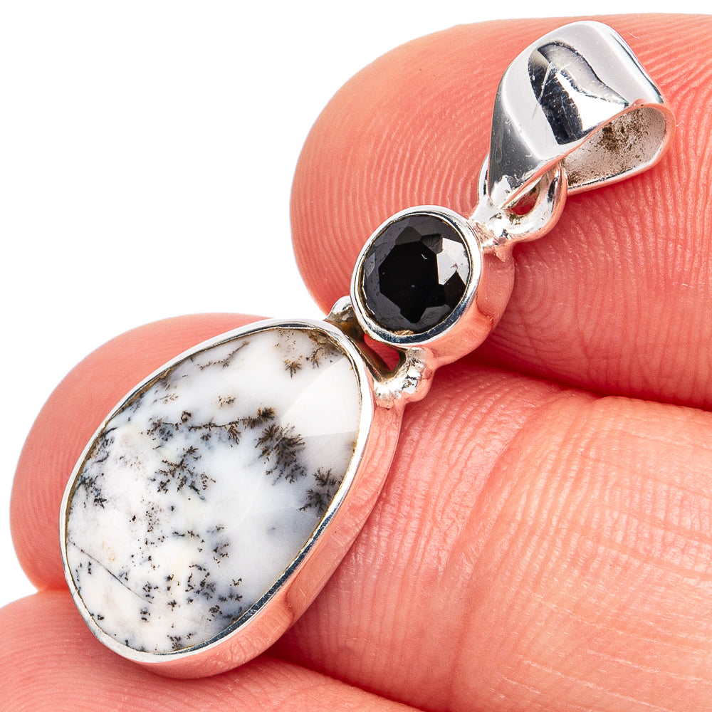 Dainty Dendritic Opal, Black Onyx Pendant 1 1/4" (925 Sterling Silver) P45261