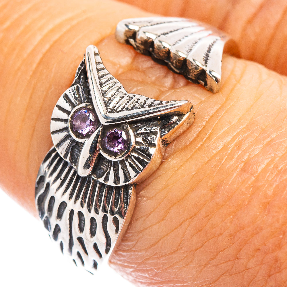 Amethyst Owl Dainty Ring Size 7 Adjustable (.925 Sterling Silver)