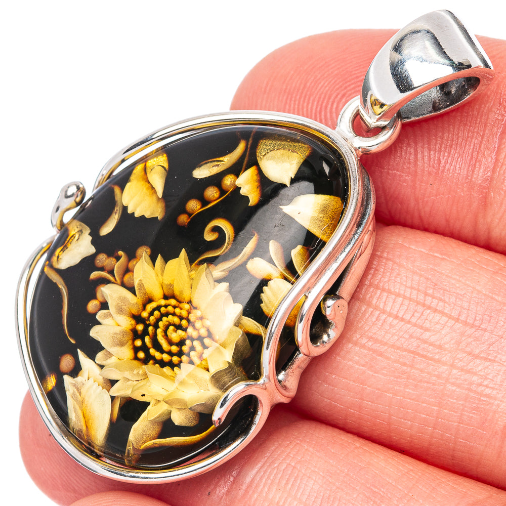 Amber Intaglio Sunflower Pendant 1 5/8" (925 Sterling Silver) P42571