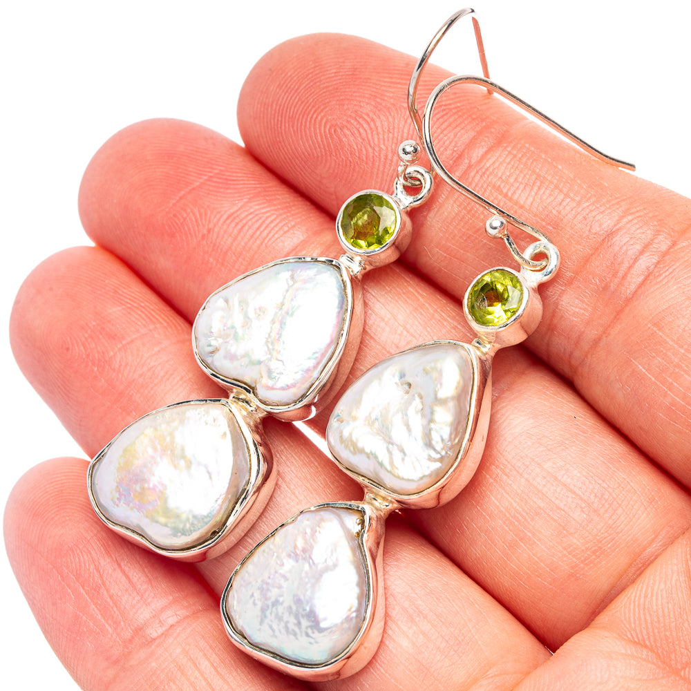 Large Mother Of Pearl, Peridot 925 Sterling Silver Earrings 2 1/4" (925 Sterling Silver) E2107